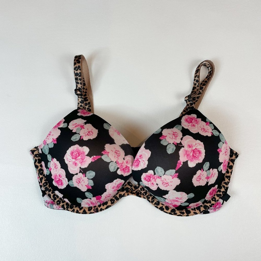 NWOT Victoria's Secret Bra 32D Push-Up Black Floral Leopard